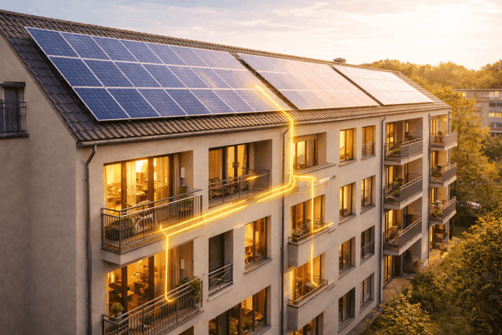 Solarbetriebenes Mehrfamilienhaus zum Thema Mieterstromzuschlag.